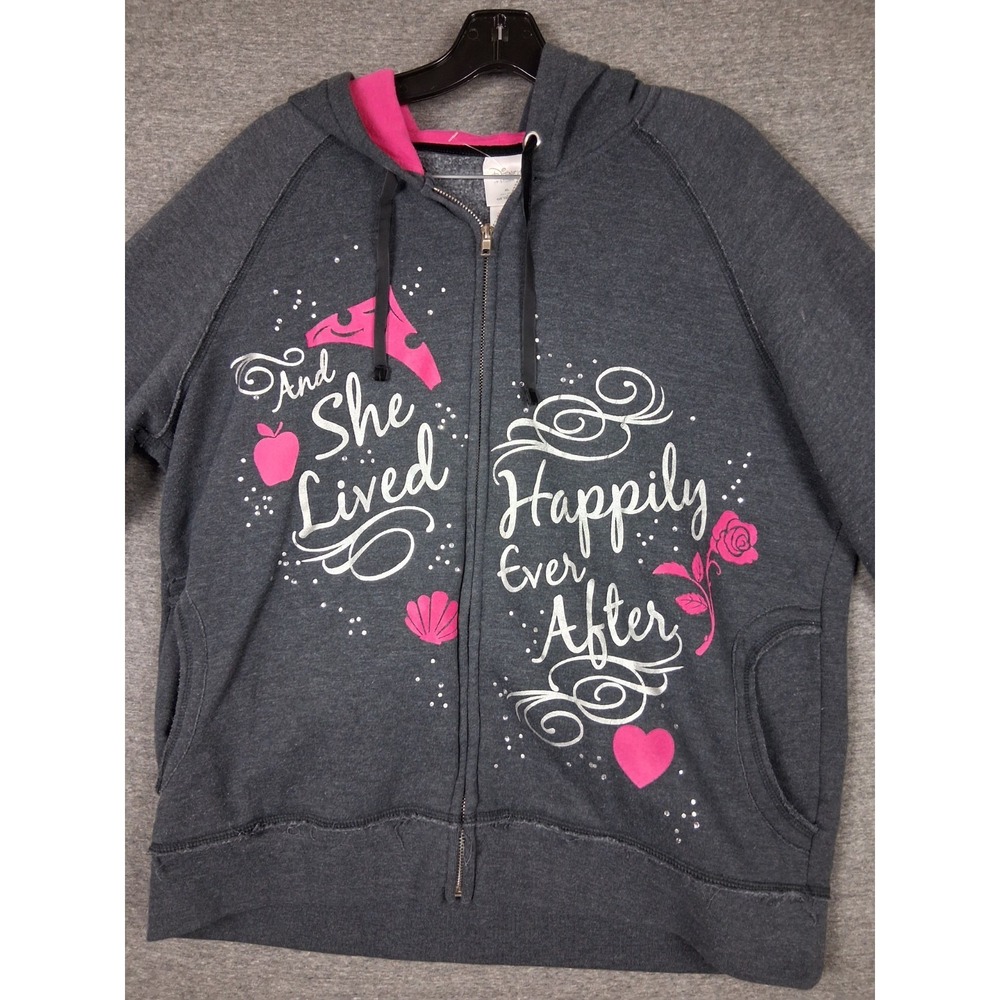 Disney Adult Jacket XL Gray Full Zip Hoodie Pink She Lived Happily Ever After